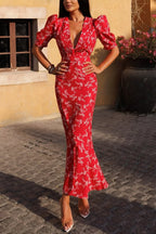 Floral Print V-neck Puff Sleeve High-waisted Slim-fit Maxi Dress