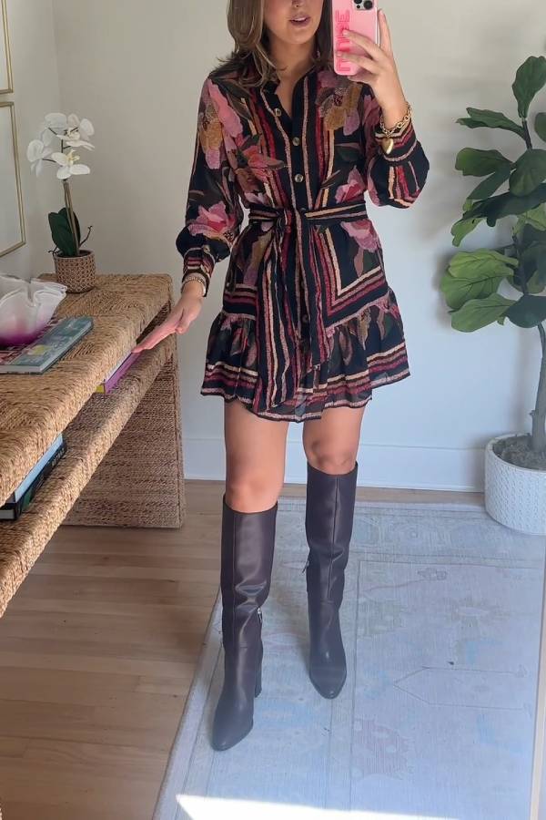 Vintage floral striped waist shirt dress