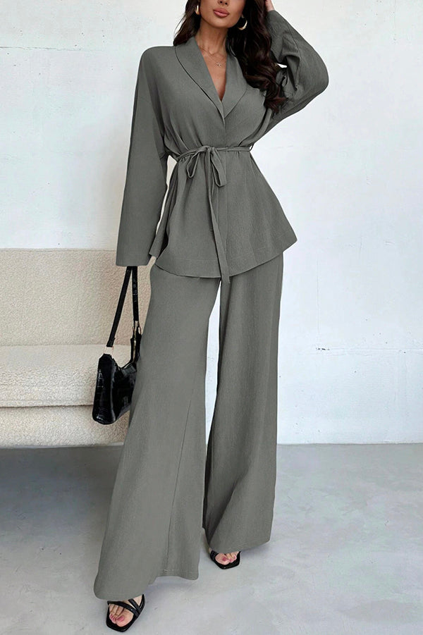 Solid Color Collared Long-sleeved Tie-waist Loose Top and Elastic Waist Casual Wide-leg Pants Set