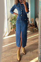 Fashionable ButtonUp Long Sleeve Denim Dress