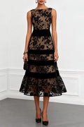 Rosmie Flower Mesh Lace Colorblock Boat Neck Sleeveless A-Line Midi Dress