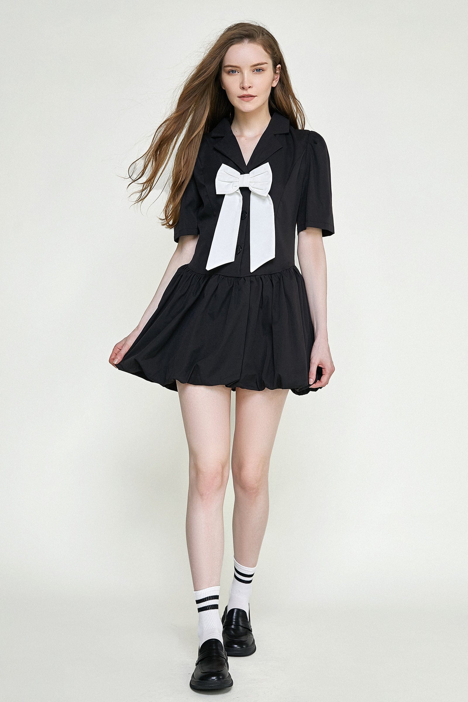 Black Bowknot Decor Balloon-Skirt Mini Dress