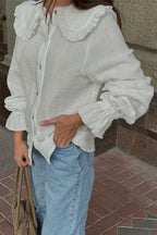White Ruffle Trim Lantern Blouse