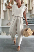 Leva Linen Blend Drawstring Short Sleeve Top and Elastic Waist Pocket Loose Tapered Pants