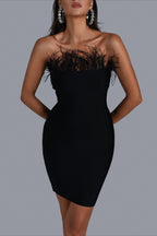 Black Feather Strapless Bandage Party Dress