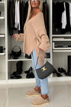 Cold Weather Knit Solid Color Long Sleeve V-neck Irregular Relaxed Sweater