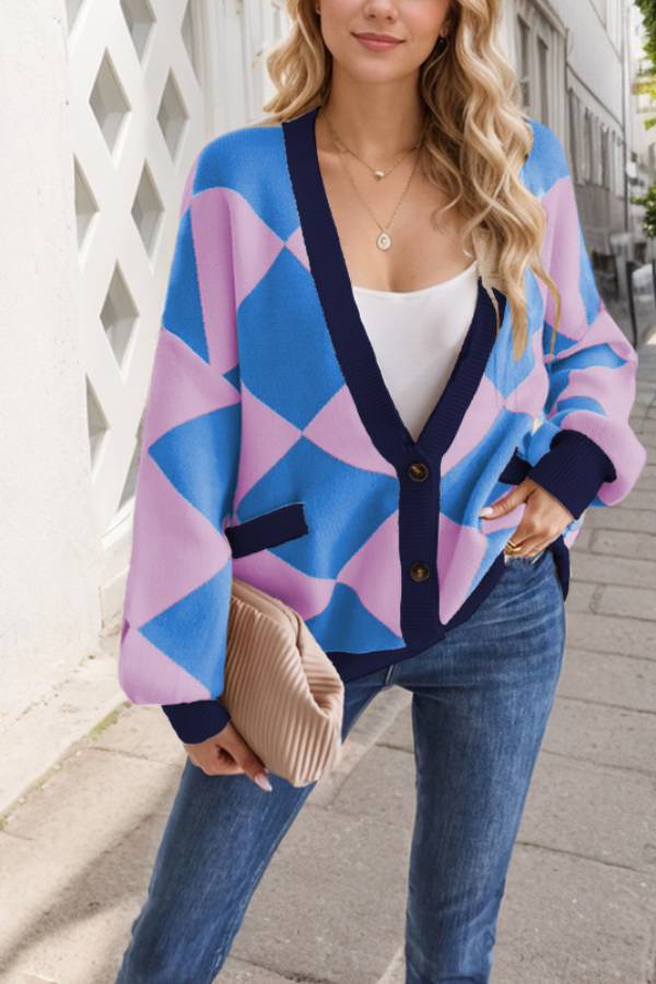 V-neck Diamond Stitching Contrast Color Loose Knitted Cardigan Jacket for Women