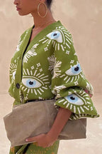 Mysterious Magic Knit Eye Heart Pattern Button Up Long Sleeve Loose Cardigan