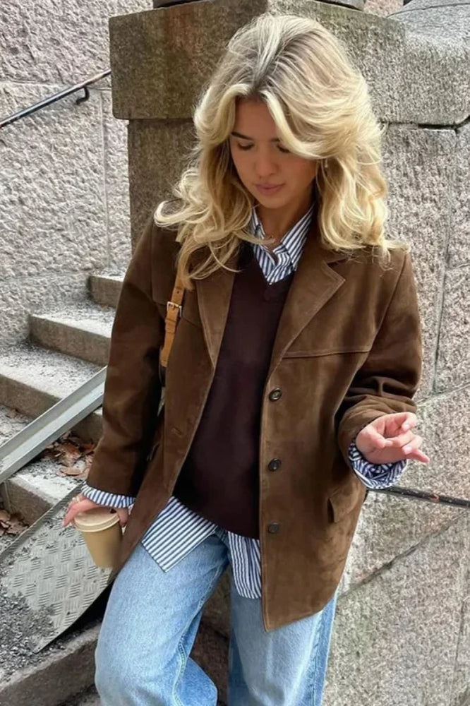 Brown SingleBreasted Suede Blazer