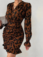 Leopard Print V-neck Tie Waist Bodycon Mini Dress Party Dress