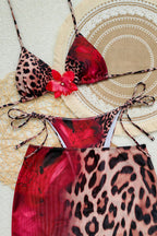 Leopard Color Block Three Piece Swim Set