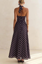 Floral Print V-neck Backless Tie-up Fitted Waist Elegant Maxi Dress