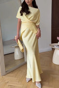 Secret of Elegance Satin Slit Back Lace-up Top and Elastic Waist Flare Maxi Skirt Set