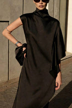 Kallena Satin High Neck Irregular Sleeves Midi Top and High Rise Pocket Loose Pants Set