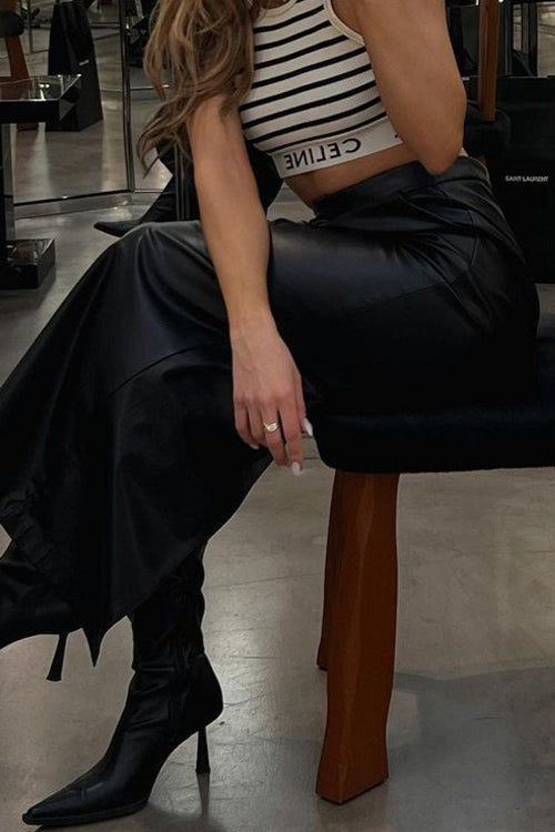 High Slit PU Leather Bodycon Skirt