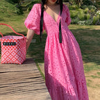 Hot Pink V Neck Balloon Sleeve Eyelet Maxi Dress