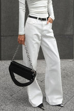 White Cotton Twill High Waisted Straight Leg Jeans