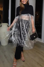 New Level Shiny Tassel Stand Neck Crop Cape Blouse