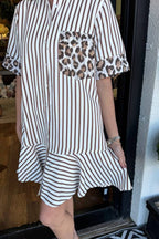 Women's Striped Animal Print Contrast Button Down Dress