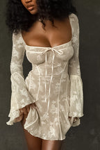 Tie Waist Bell Sleeve A Line Lace Dress