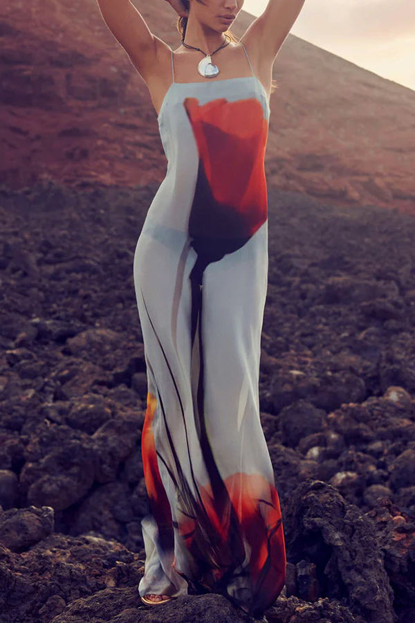 Passionate wine glass flower abstract tulip print H-shaped casual long dress