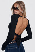 Solid Back-Tie Backless Long-Sleeve Slim Blouse