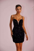 Spaghetti Strap Sequin Paneled Sheer Slit Party Dress