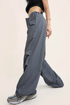Grey Mid Rise Drawstring Cargo Pants