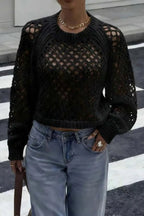 Fashionable Openwork Round Neck Long-sleeved Backless Tie Knit Sweater