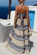 Ultimate Island Linen Blend Fringed Patchwork Cutout Halter Maxi Dress