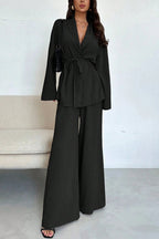 Solid Color Collared Long-sleeved Tie-waist Loose Top and Elastic Waist Casual Wide-leg Pants Set