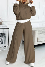 Stylish Patchwork Hooded Sweatshirt and Elastic Waist Tie Pocket Wide Leg Pants Set