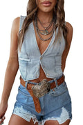 Sleeveless Single Breasted V-Neck Denim Vest