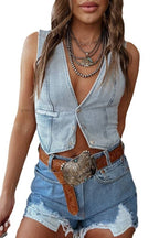 Sleeveless Single Breasted V-Neck Denim Vest