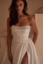 Strapless Beaded High Slit Satin Train Wedding Dress