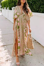 V-Neck Floral Print Waist-Tie Slit Maxi Dress