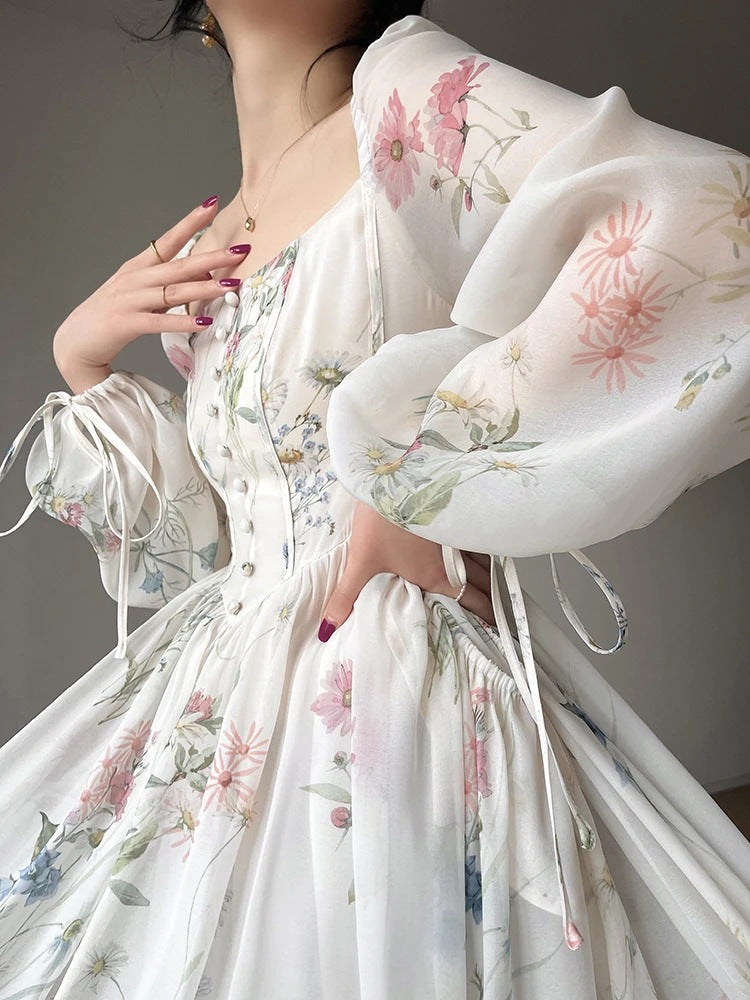 French Print Long-Sleeved Dress