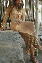 Stylish V-neck Flared Long-sleeved Knit Sequined Maxi Dress