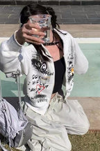 Gray Graffiti Hooded ZipUp Cropped Hoodie