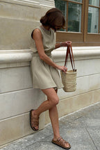 Cotton Linen Tank Pleated Skirt Set