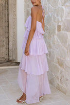 Solid Color Chiffon Halter Neck Elegant Ruffle Maxi Dress