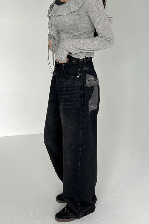 Washed Bow Print Pocket Wide Leg Jeans