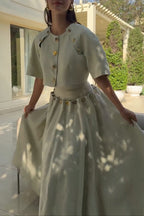 Custom Look Linen Blend Unique Metal Pattern Buttons Lace-up Waist Crisp Hem Maxi Skirt