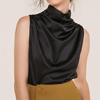 Black Sleeveless High Draped Neck Satin Work Blouse