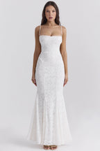 Tie Waist Sling Embroidered Mermaid Lace Dress
