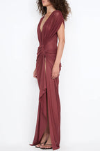 Leia Tulle Pleats and Knotted Detail Drape Slit Maxi Dress