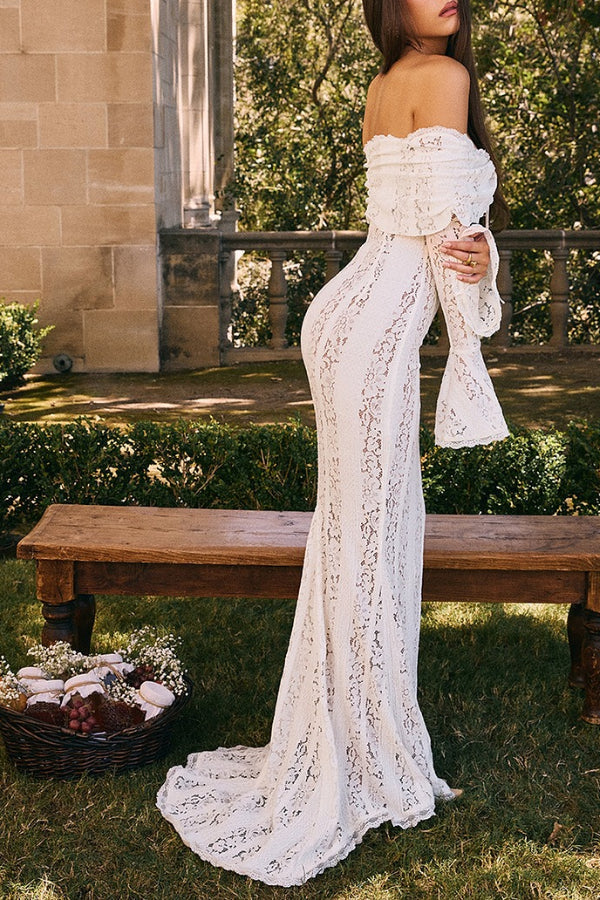 Leila Elevated Off Shoulder Floral Lace Flared Sleeve Fishtail Maxi Dress White Occasion Wear
