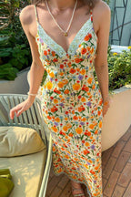 Spaghetti Strap Lace Backless Ruffle Floral Dress