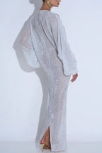 Modern Elegance Sequin Sheer Long Relaxed Sleeve Ruched Drape Maxi Dress