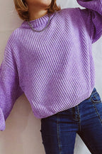 Solid Color Casual Round Neck Lantern Sleeve Short Knitted Sweater